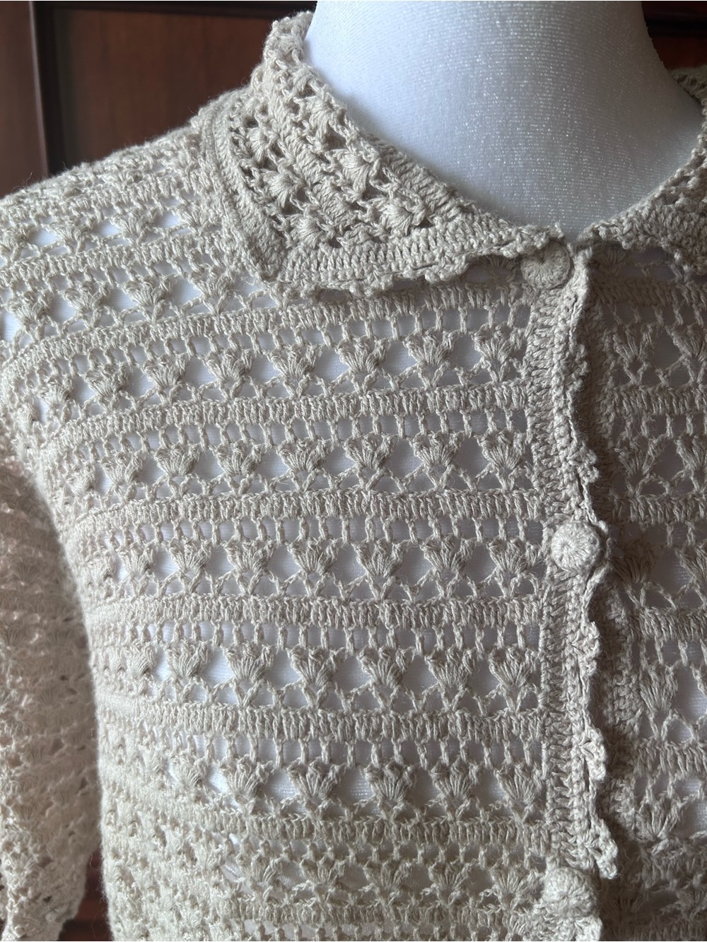 Vintage Women's Cream Crochet Ramie Cotton Button with Peter Pan Collar - Picture 2 of 4